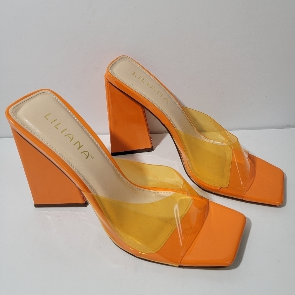 LILIANA PVC Orange Slip-On Mules Women'S Size 8 Square Open Toe Chunky Heel